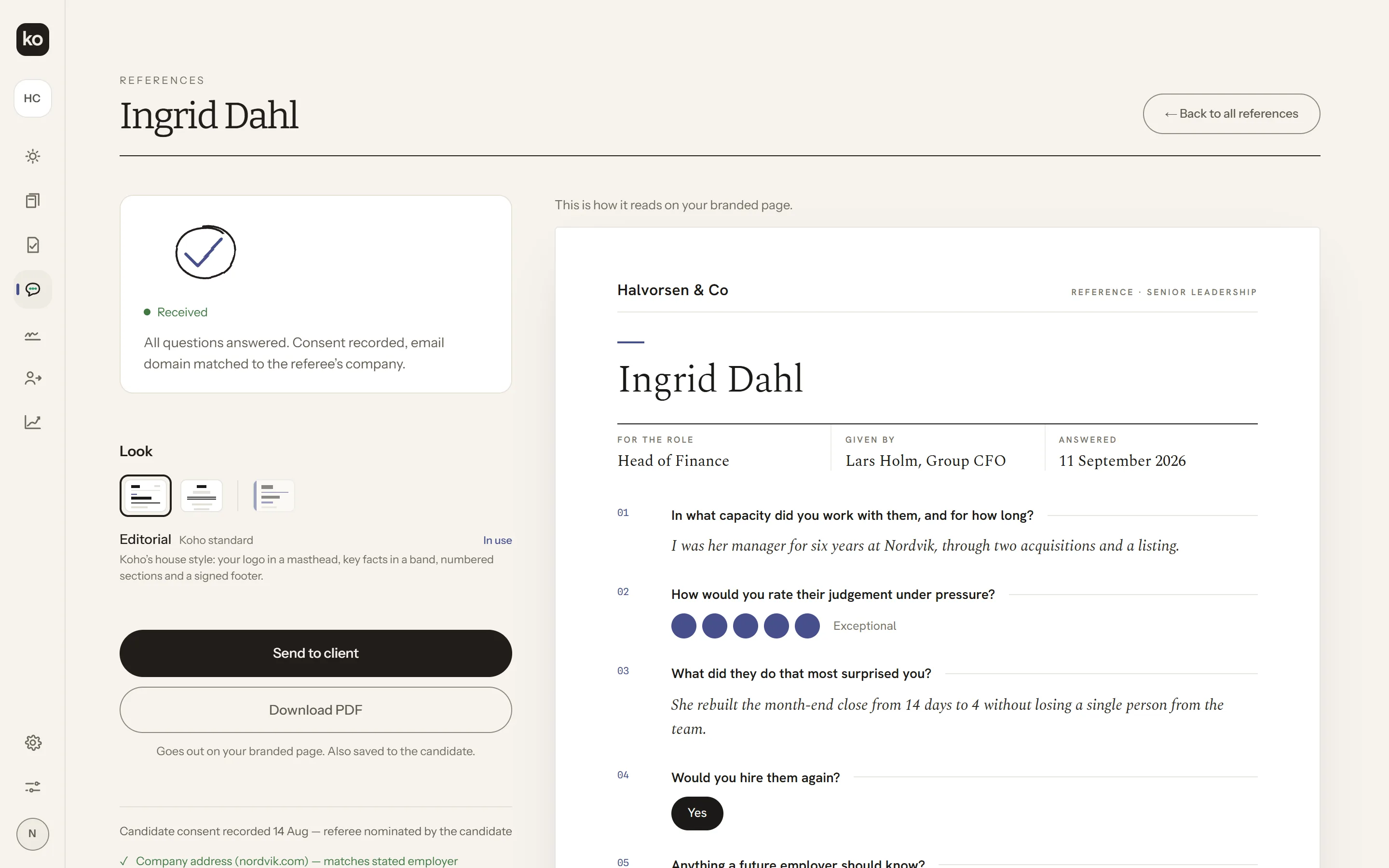 Koho’s reference checker in the app, in a demo workspace
