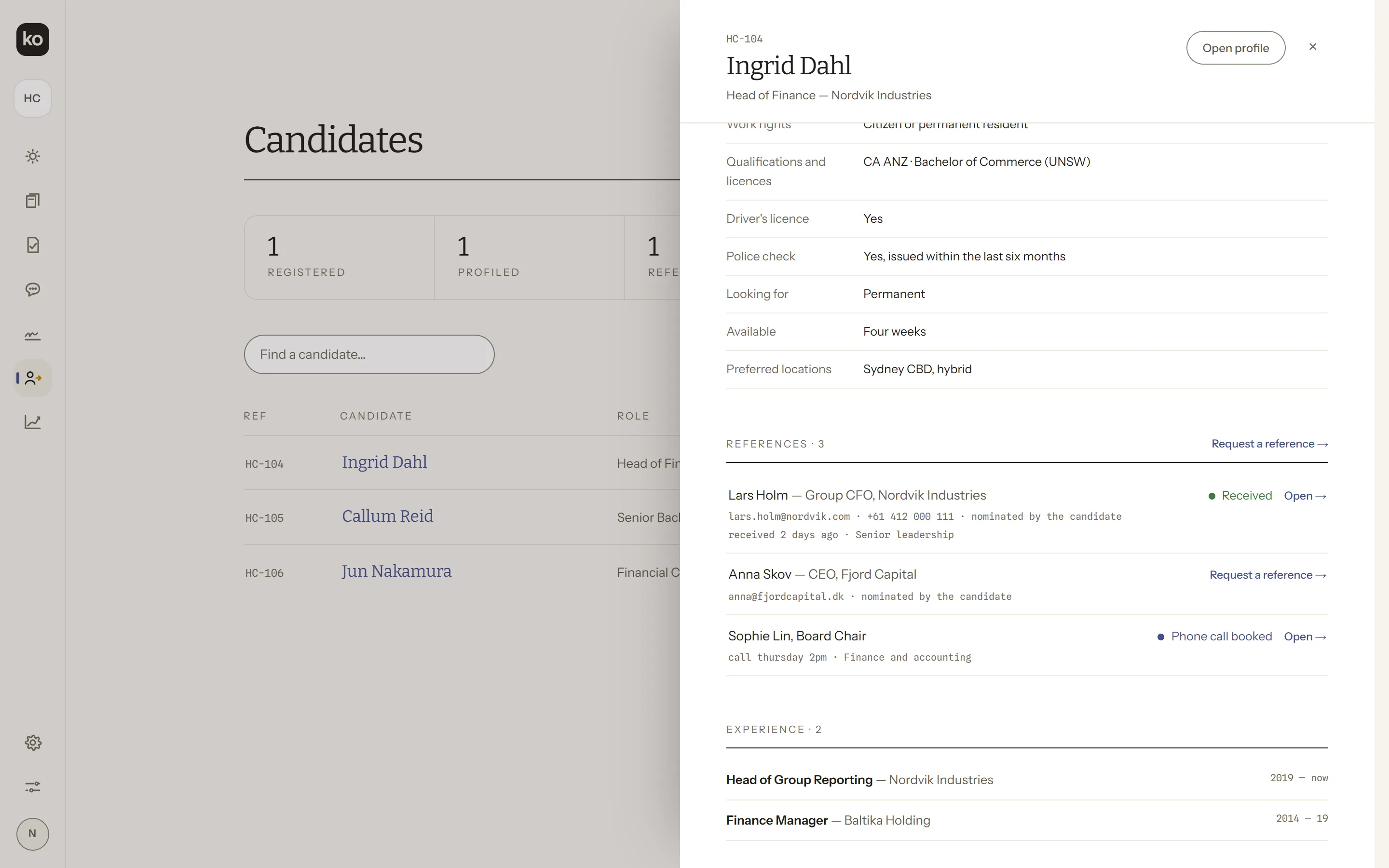 Koho’s candidate registration in the app, in a demo workspace