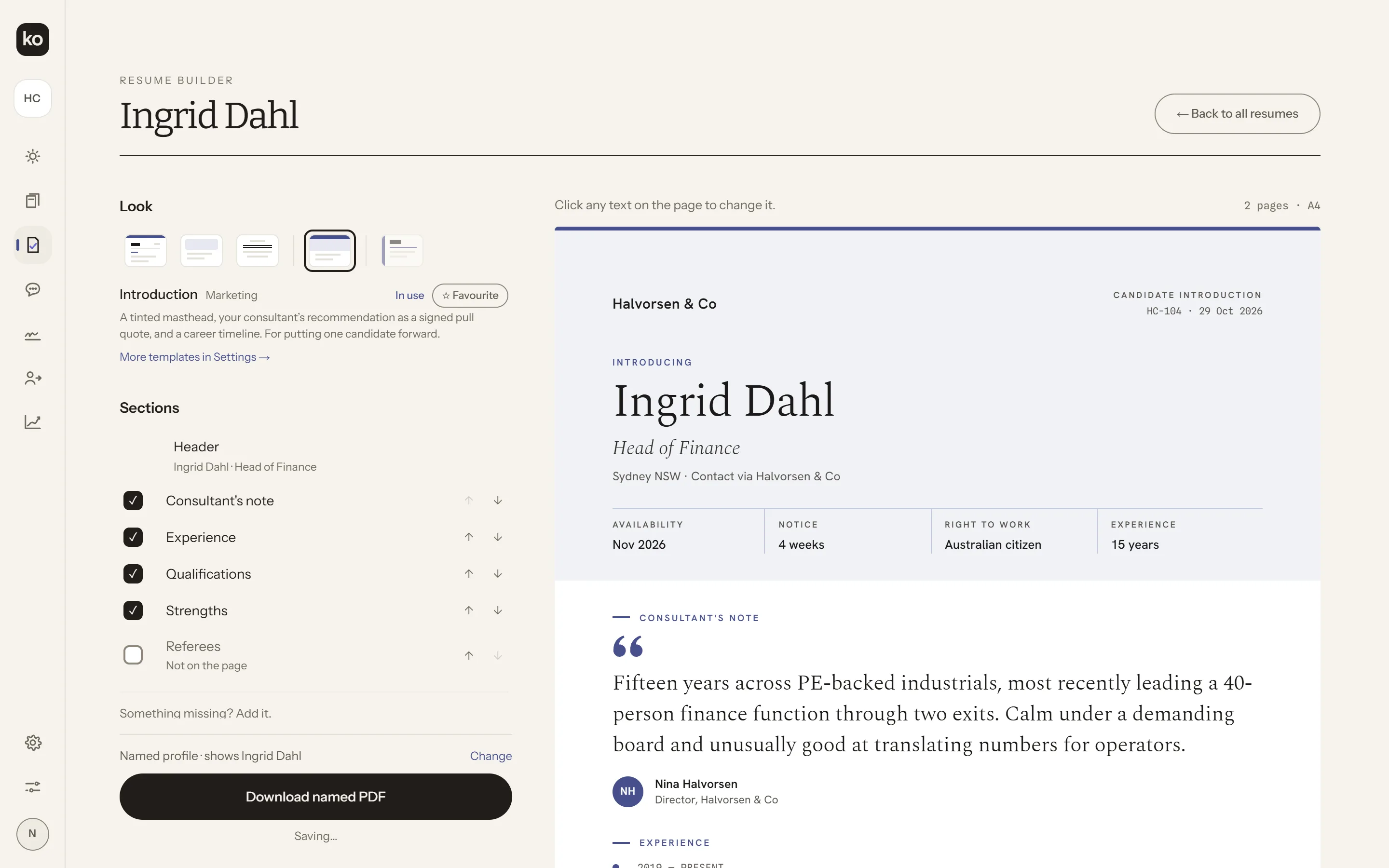 Koho’s resume converter in the app, in a demo workspace