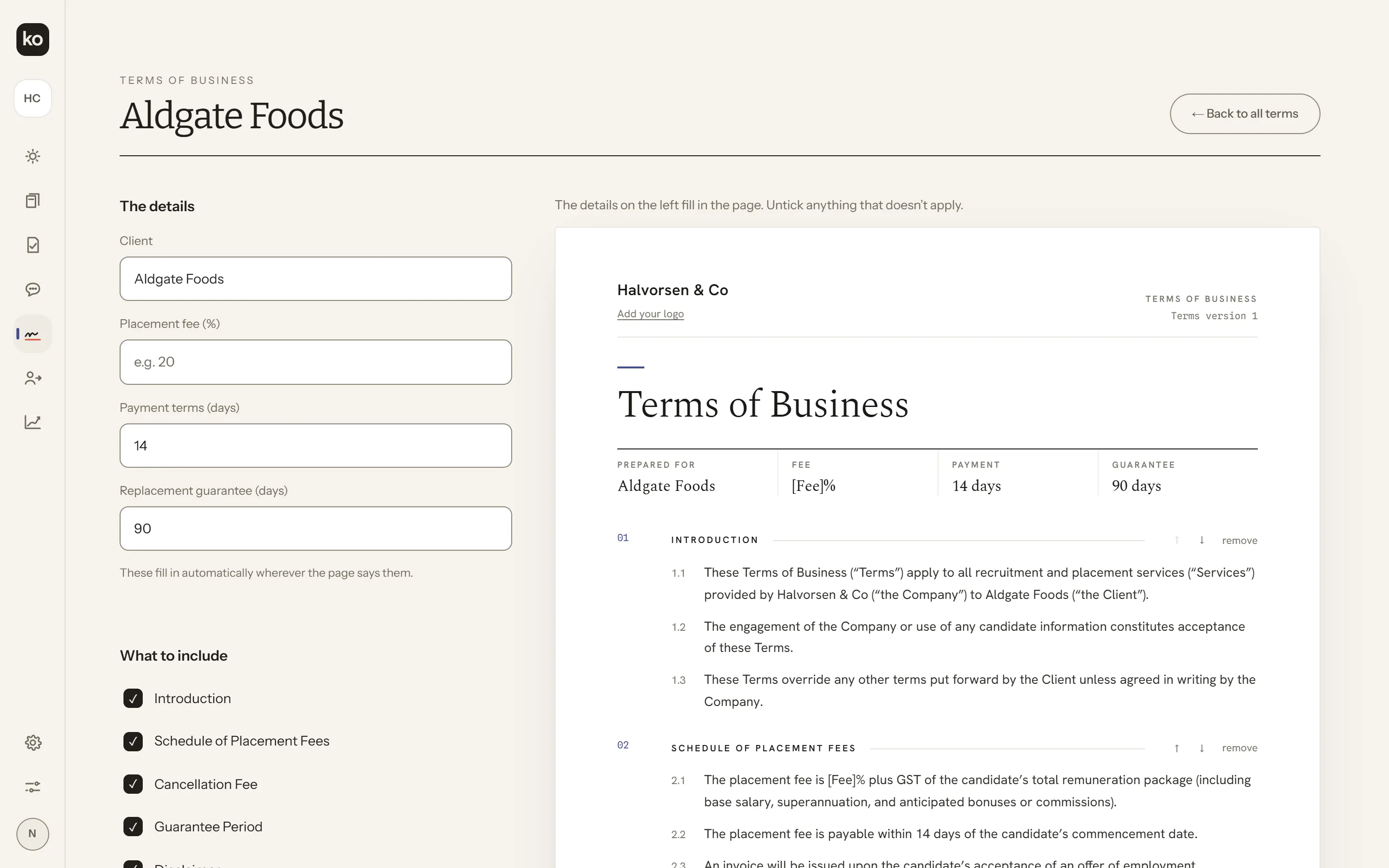Koho’s e-signing in the app, in a demo workspace